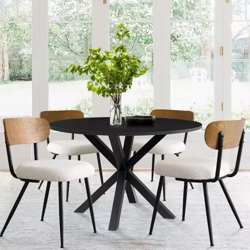 5-Piece Round Dining Table Set, 40 Black Wood Table and Upholstered Boucle Chairs with Ash Backs for Dining Room - Panipeachy