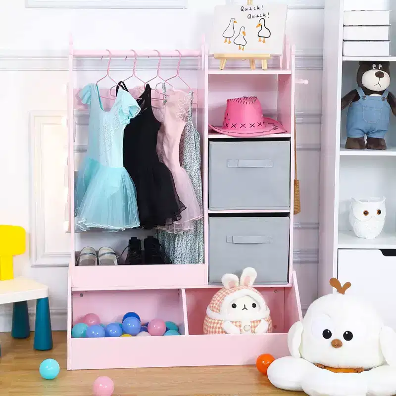 Kids Dress Up Storage, Lighted Mirror Costume Wardrobe Closet with Hanging Armoire & Bins for Bedroom Playroom