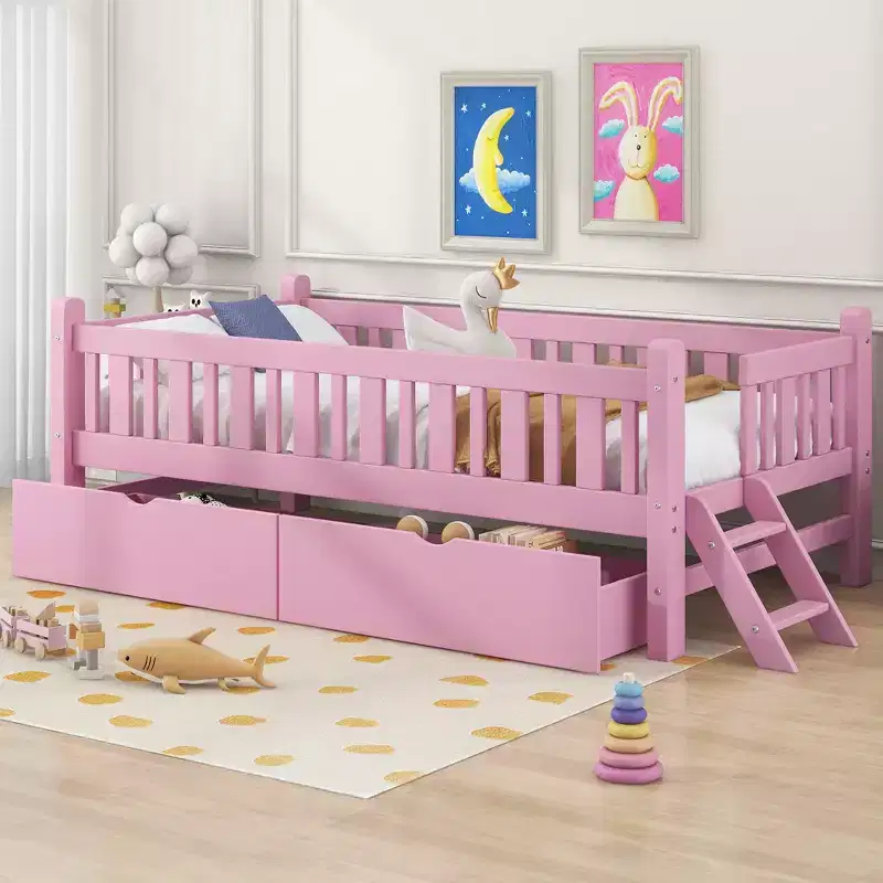Whisen Twin Size Wood Platform Bed with Guardrail and 2 Drawers