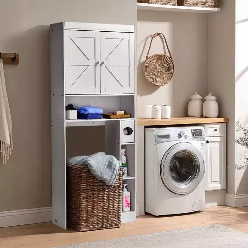 Over The Toilet Storage Cabinet 67 Inch Bathroom Organizer with Double Doors Adjustable Shelf Open Shelf White Freestanding Space Saver