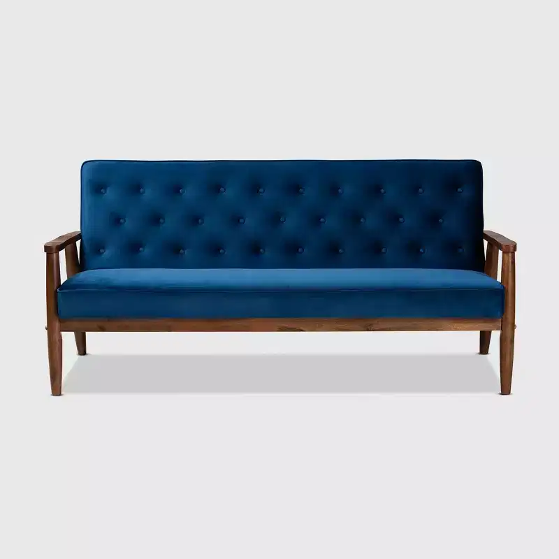 Velvet Upholstered Wooden 3 Seater Sofa Navy Blue/Brown - Danish Design, Rubberwood Frame