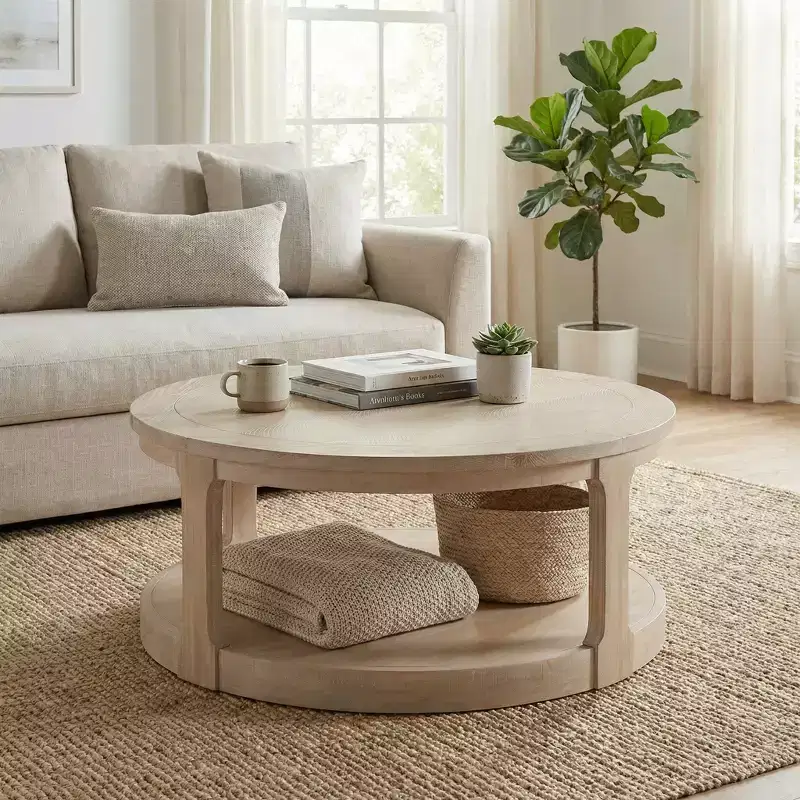 JVNOXK 40-inch oversized curved double-layer traditional round wooden center coffee table with casters, mid-century rustic style table