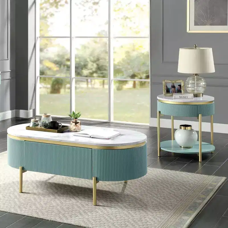 2pc Cartehena Faux Marble Coffee and End Table Set Light Teal Blue - HOMES: Inside + Out: Gold Twist, Concealed Drawer, Oval Shape