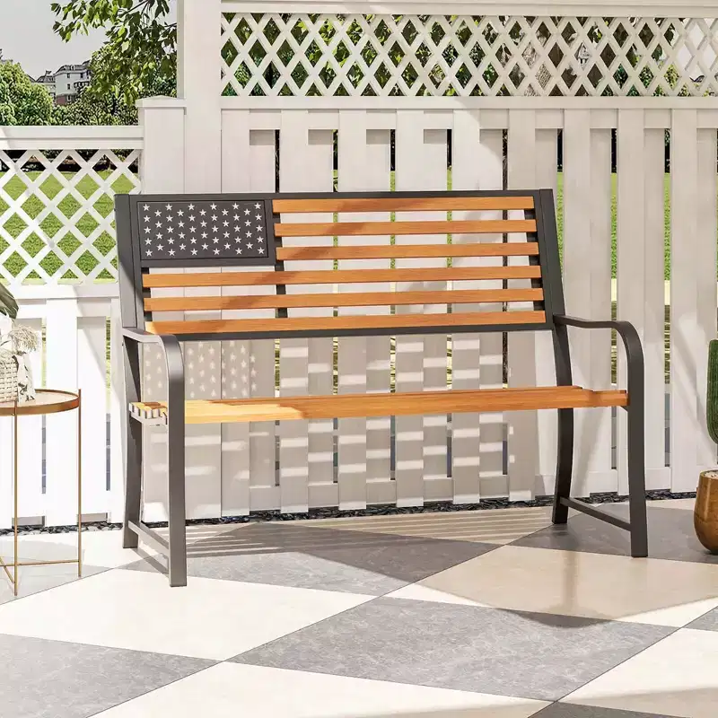 Costway 50 Outdoor Garden Bench with Flag Pattern Backrest & Rustic Wood Grain Finish