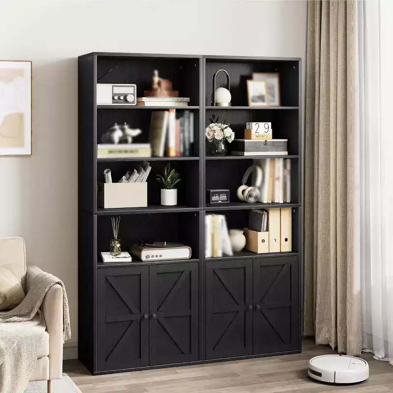 2-Pack Tall 4-Tier Wooden Bookcases with Double Doors & 4 Open Shelves, Floor Standing Display Cabinets for Home Office Library, Black