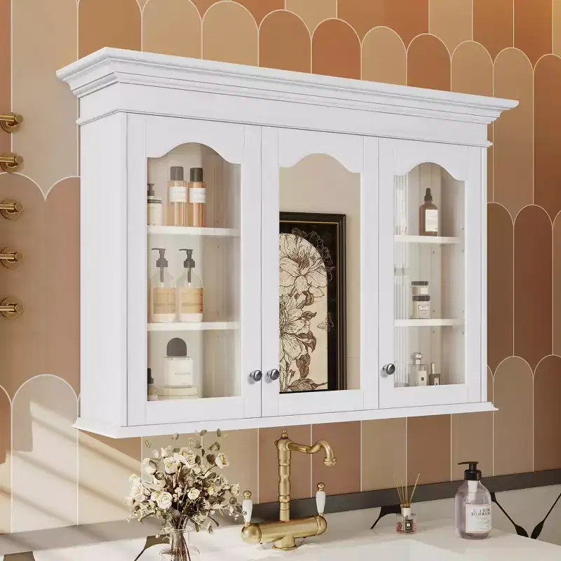 40 Medicine Cabinet with Mirror Doors and Shelves, Glass Door Wall Mounted Bathroom Cabinet