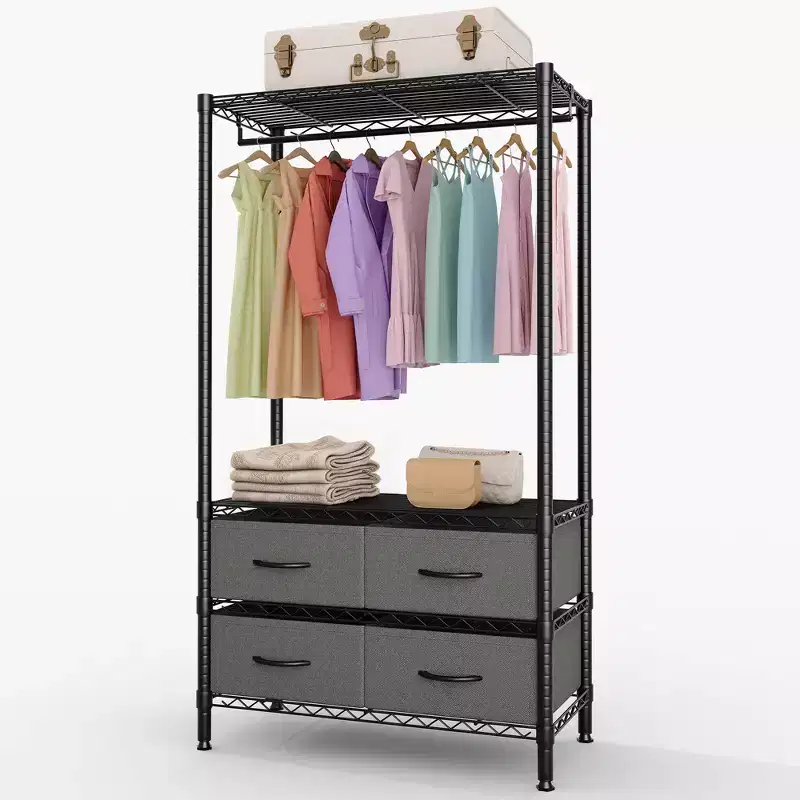 71H Clothes Rack With 4 Fabric Drawers, Wire Garment Rack with Hang Rod & Adjustable Shelves, Freestanding Clothing Rack for Bedroom