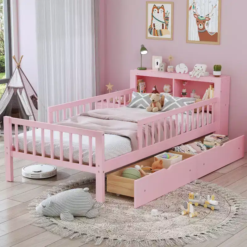 Twin Bed with Headboard Storage Rack, 2 Under-Bed Drawers & Guardrails – Pink