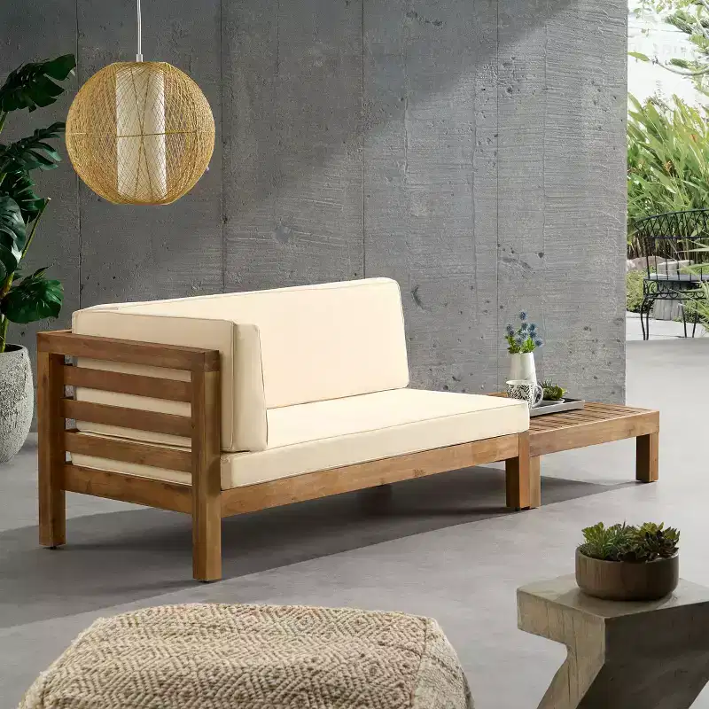 Christopher Knight Home Oana Outdoor Acacia Wood Left Arm Loveseat and Coffee Table Set with Cushion
