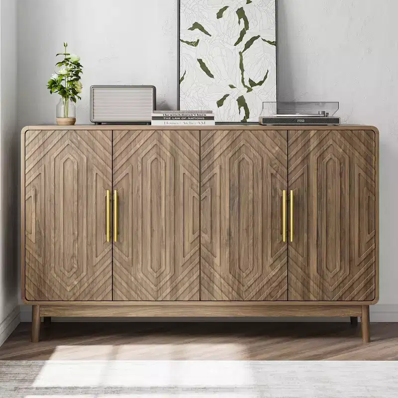 JVNOXK 55-inch Modern Carved Four-Door Adjustable Shelf Sideboard, Multi-Function Storage Cabinet, Suitable for Kitchen, Walnut Finish