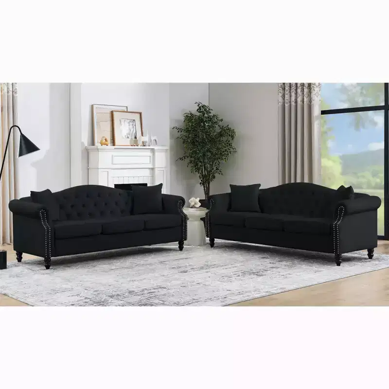 79 Black Velvet Chesterfield Sofa with Tufted Design - 3-Seater Couch featuring Rolled Arms and Nailhead Trim for Living Room (3S+3S)