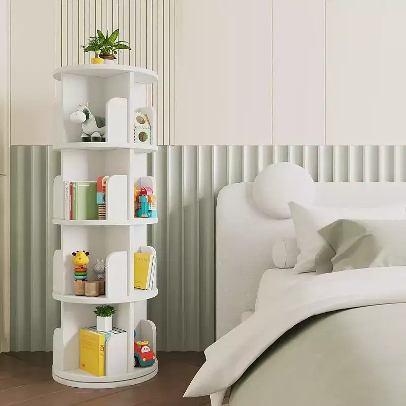 FurnitureR 360 Rotating Bookcase, 4-Tier Spinning Corner Book Shelf, Display Organizer for Small Space, Storage Rack for Office, Living Room, White