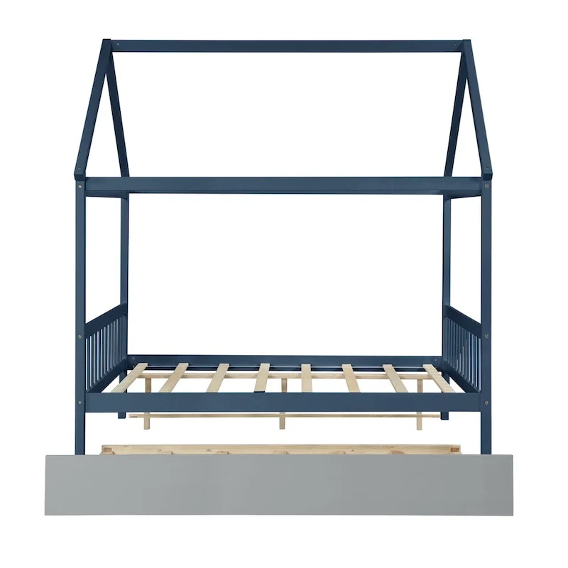 Pine Full House Bed with Canopy, Trundle, and Roof