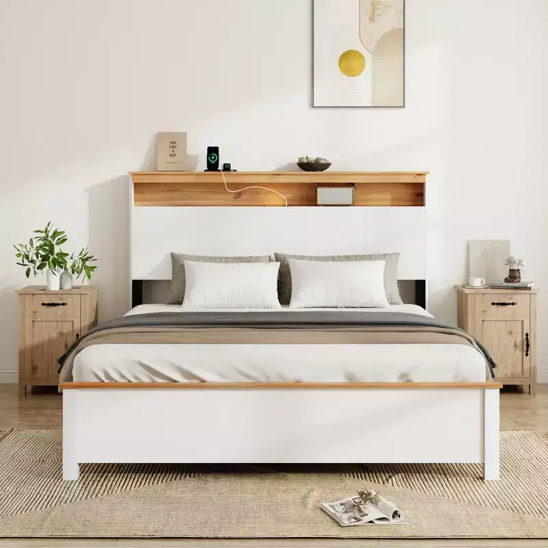 Full/Queen/King Size Platform Bed with Storage Headboard, Rustic Wood Platform Bed Frame with Charging Station, Antique White