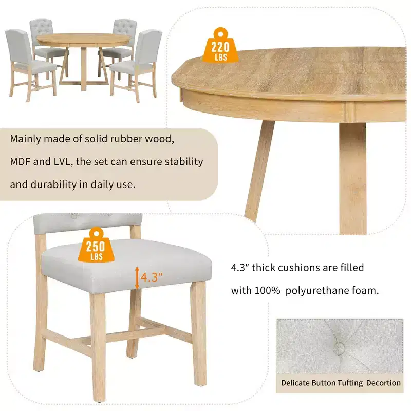 Whisen Retro Style 5-Piece Extendable Dining Set with 4-Botton Tufted Upholstered Chairs
