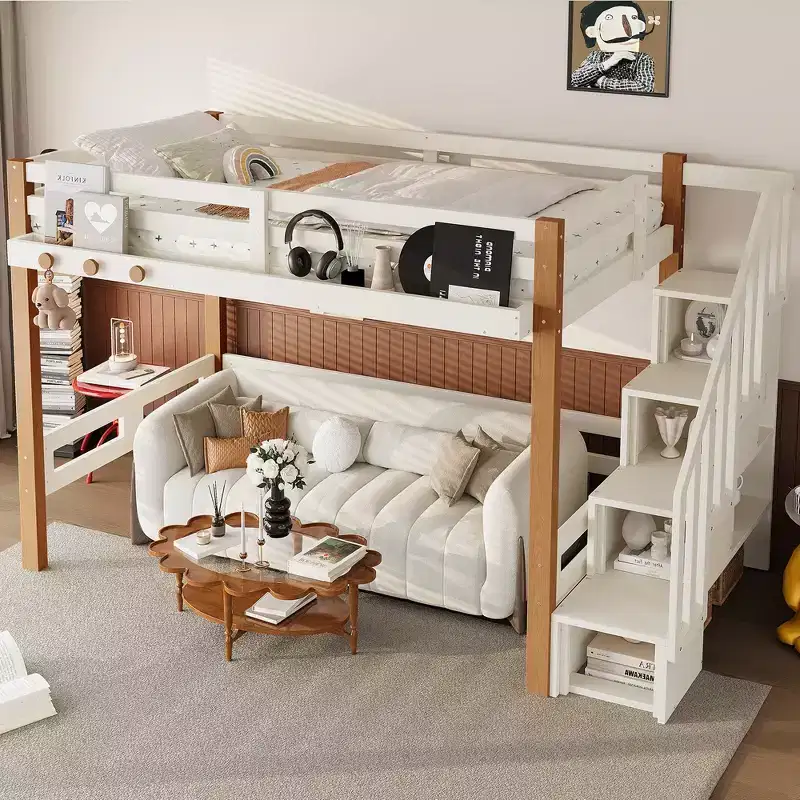 Modern Loft Bed with Clothes Hook, Storage Shelves and Underbed Space