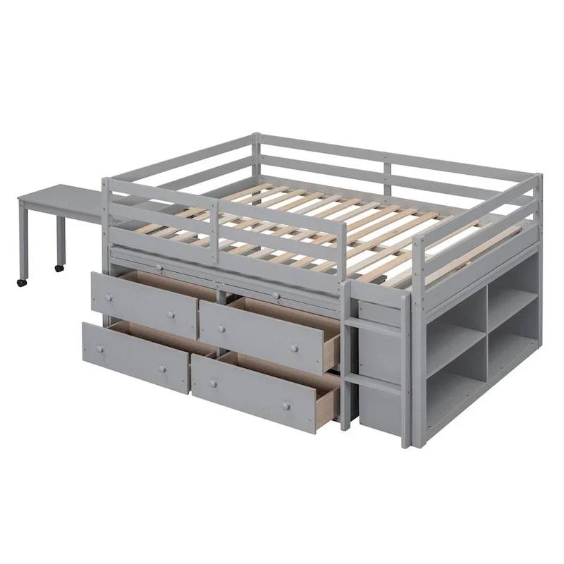 Loft Bed with Retractable Writing Desk and 4 Drawers