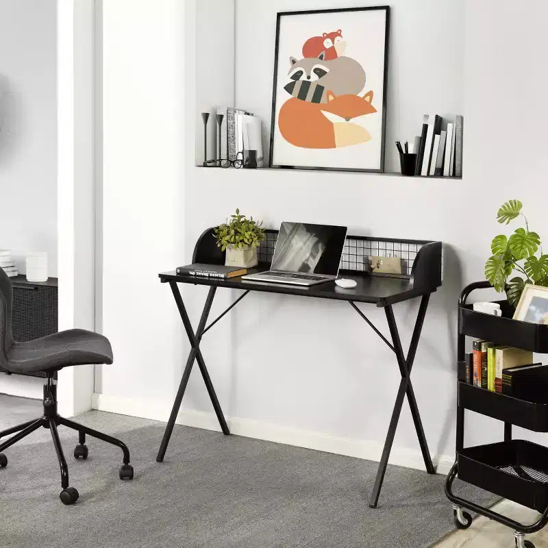 FurnitureR 40 Computer Desk with Grid Storage Shelf, Gaming Desk with Sturdy X-Shaped Metal Frame, Home Office Writing Table for Gaming & Study,Black