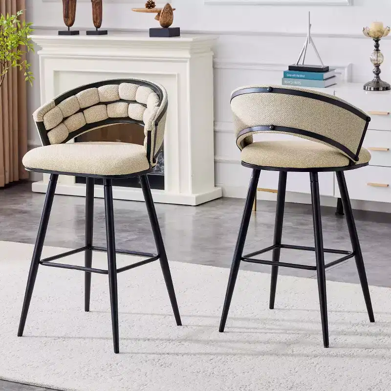 Set of 2 Modern Upholstered Bar Stools with Curved Back, 29 Seat Height, Black Iron Legs for Kitchen Island or Home Bar-Panipeachy