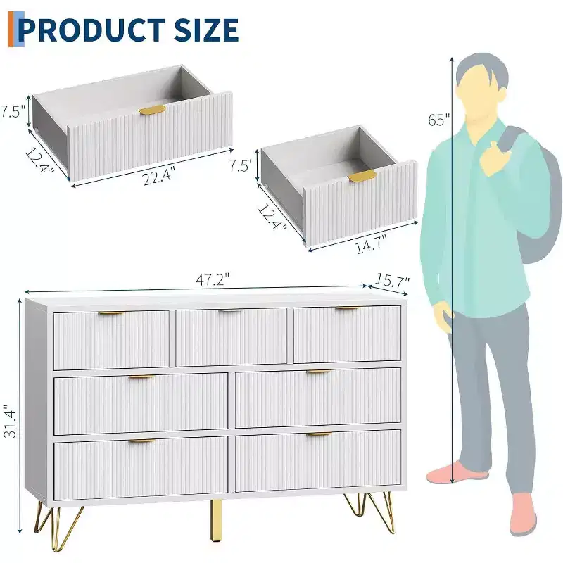 Acekool 7 Drawer Dresser, 47.2 Wide Modern White Chest with Gold Metal Legs, Storage Organizer for Bedroom, Entryway, Living Room