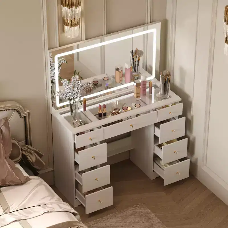 Elegant White Vanity Table with Large LED Mirror, Glass Top & Multiple Drawers – 55