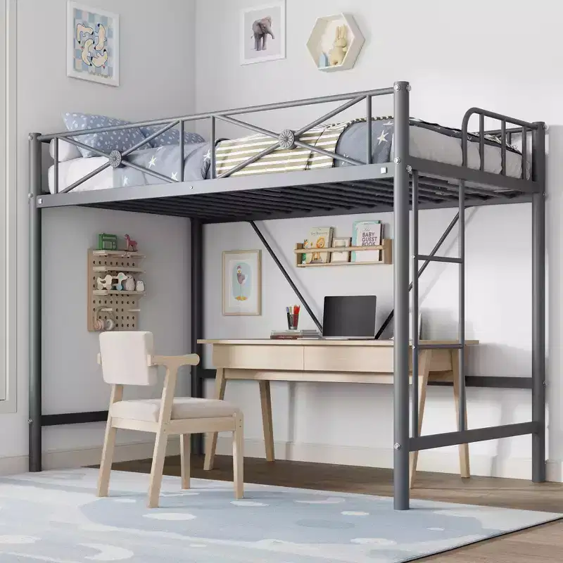 Twin Size Heavy Duty Metal Loft Bed, Modern Steel Frame with Safety Guardrails, Space-Saving for Bedroom & School Use