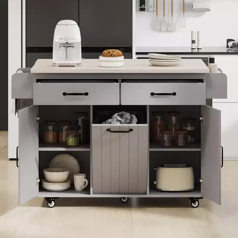 Kitchen Island Cart with Trash Can Storage, Drop Leaf, Spice Rack, Towel Rack and Drawer, Rolling Cart with Adjustable Shelf for Kitchen