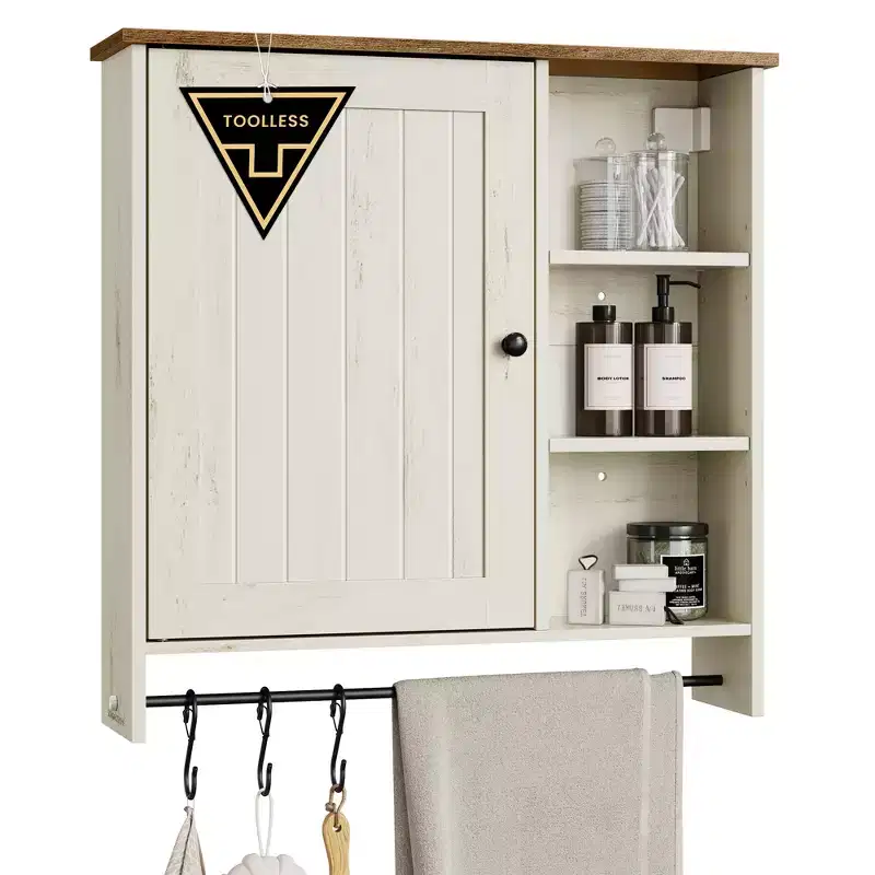 Farmhouse Wall Cabinet, Toolless Assembly, Medicine Cabinet with Adjustable Shelves and Door, Rustic White and Honey Brown