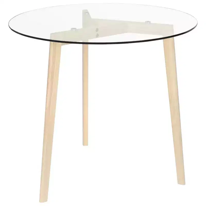 Dining Table with Tempered Glass Tabletop and Solid Oak Wood Legs for Kitchen or Dining Room, Transparent Brown, 31.5 Diameter