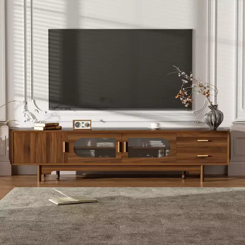 TV Stand for TVs Up to 85, Mid-Century Modern TV Cabinet Media Console Entertainment Center with Fluted Glass Doors & 2 Drawers, Walnut - ModernLuxe