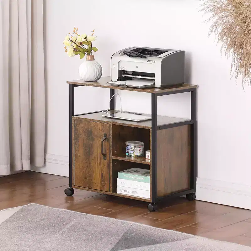 Wood and Metal File Cabinet with Built-in Charging Ports