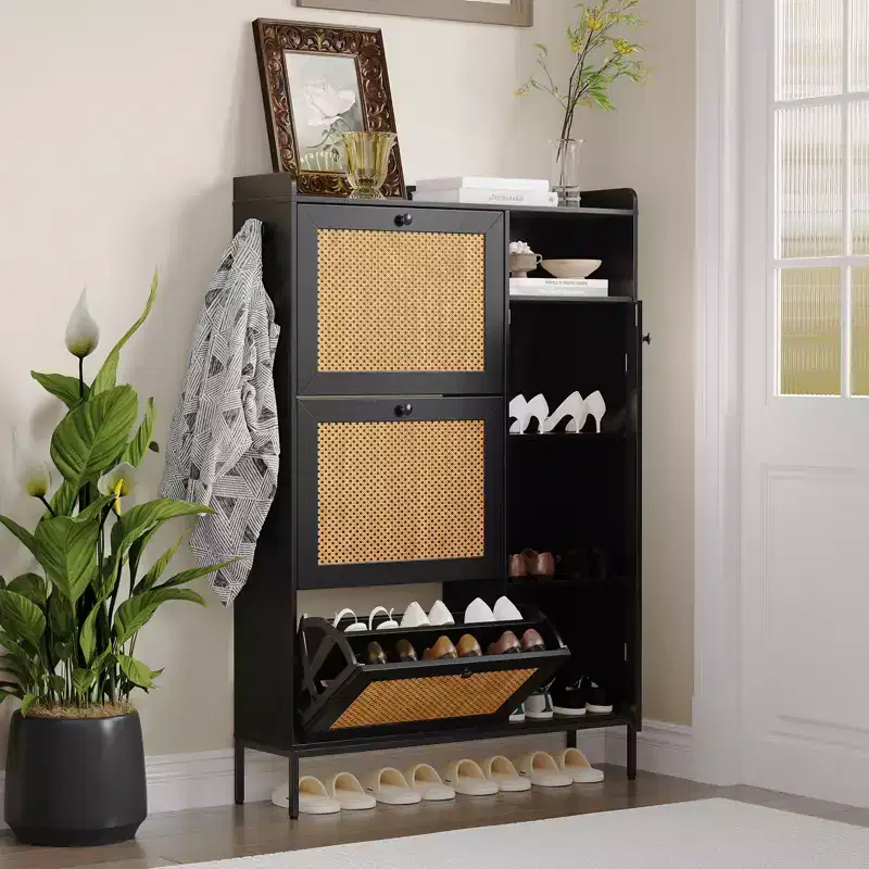 CuisinSmart 3 Tier Free Standing Shoe Cabinet with Natural Rattan, Shoe Organizer with Adjustable Shelves, Narrow Shoe Rack for Hallway, Black