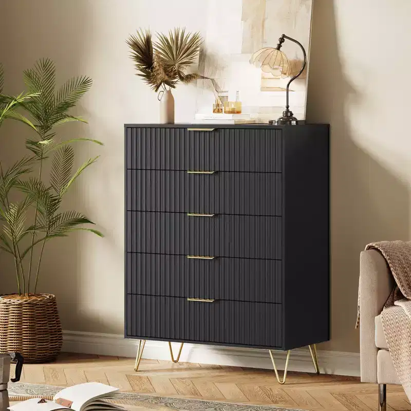 Fluted 5-Drawer Dresser, Wood Storage Chest & TV Stand with Metal Handles
