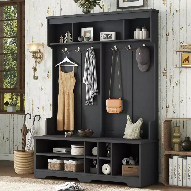 Modern Hall Tree with 6 Metal Hooks and Ample Storage, Coat Rack with Shoe Cubbies and Bench, Coat Tree for Living Room, Entryway, Black