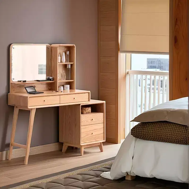 GDFStudio Crichton Modern Solid Oak Dresser Table with 4 Drawers and Shelves