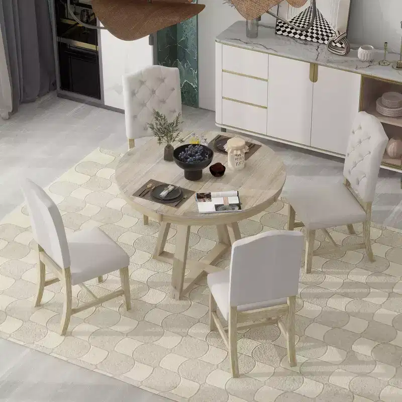 Whisen Retro Style 5-Piece Extendable Dining Set with 4-Botton Tufted Upholstered Chairs