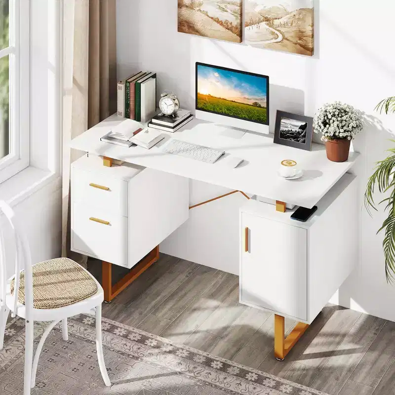 51 Home Office Desk with Floating Desktop Dual Drawers Cabinet & Metal Frame