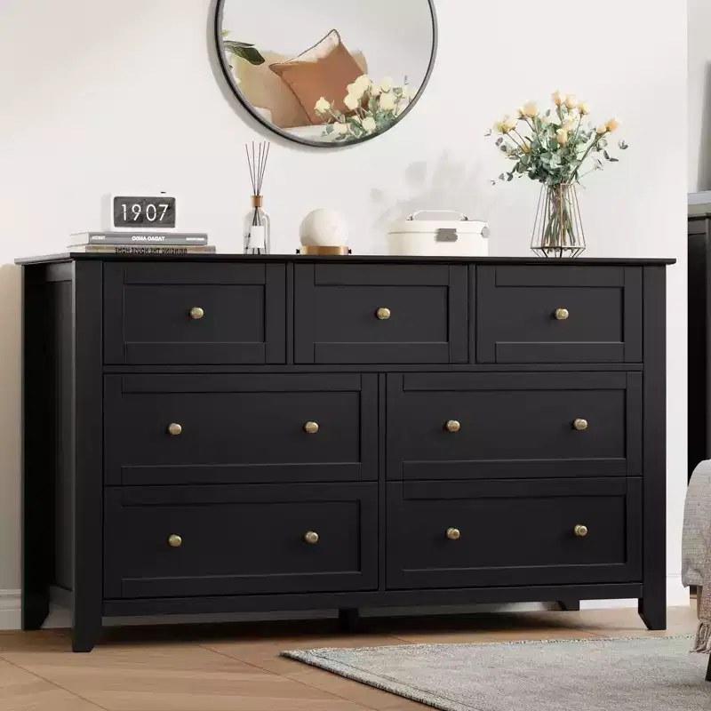 Modern 7-Drawer Wooden Dresser Chest, 54 Inch Wide Large Dresser with Deep Drawers & Metal Knobs for Bedroom, Entryway & Hallway