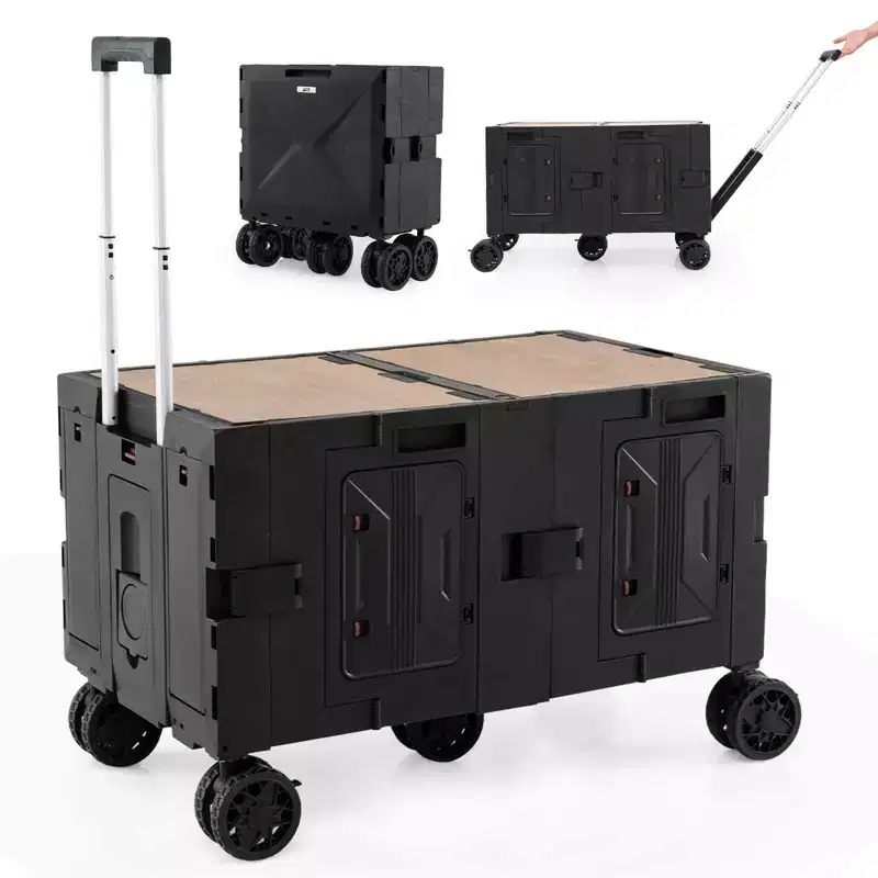 Costway Large Foldable Utility Cart with 2-Tier Storage Crates 5 Rotate Wheels Metal Black/Pink/White