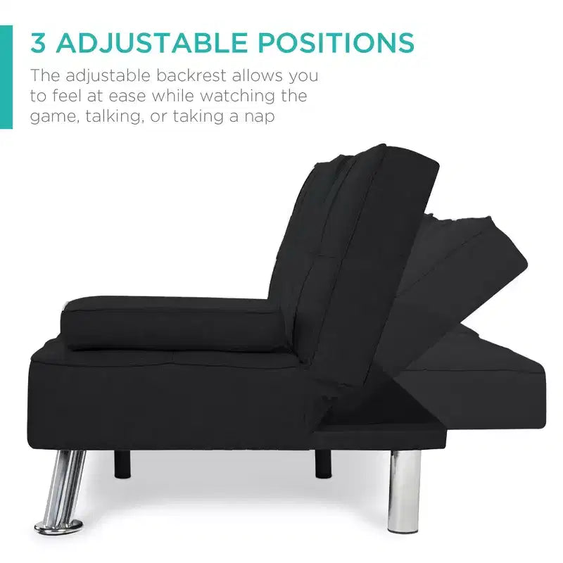 Best Choice Products Modern Linen Convertible Futon Sofa Bed w/ Removable Armrests, Metal Legs, Cupholders