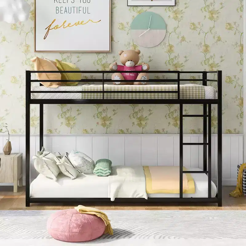 Twin over Twin Metal Low Bunk Bed with Ladder and Guardrail