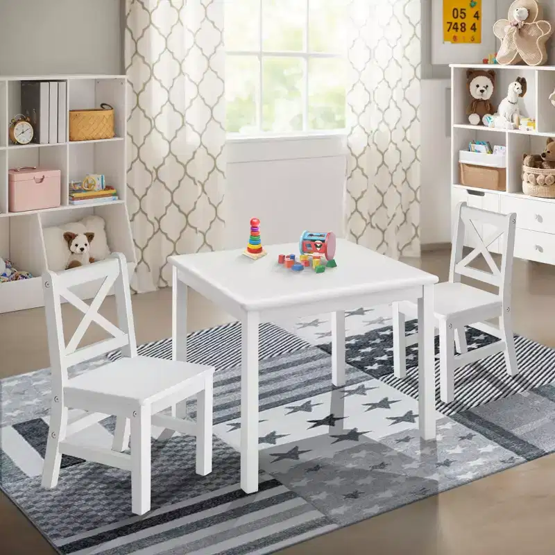 eHemco Solid Hard Wood Kids Table and X-Back Chairs, 3 Piece Set