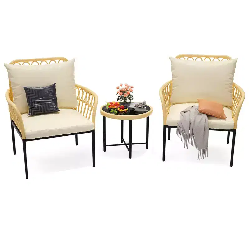 3-Piece Outdoor Patio Bistro Set with Cushions, Resistant PE Wicker, Glass Top Coffee Table, Ideal for Garden, Balcony, Porch, Beige