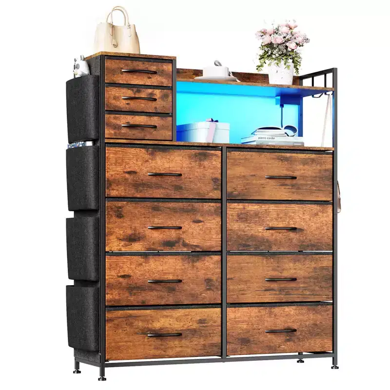 Fabric 11-Drawer Dresser with Charging Station & LED Lights