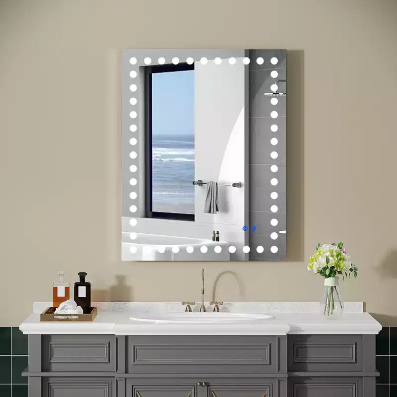 Bathroom Mirror with 3 White Front Circular Lights, Touch Dimming Switch Rectangular Mirror, Anti-Fog, Memory, Shatter-Proof Wall Vanity Mirror White