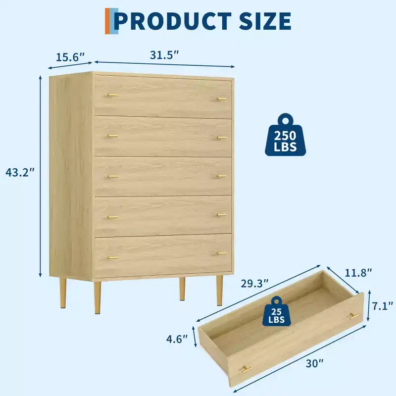 5 Drawer Dresser for Bedroom, 43''H Chest of Drawers with Bar Handles, Storage Organizer Nightstand