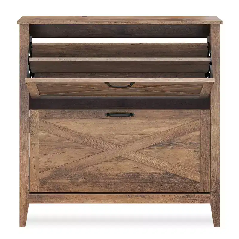 Farmhouse Shoe Cabinet 2 Flip Drawers Fits 16 Pairs Honey Brown