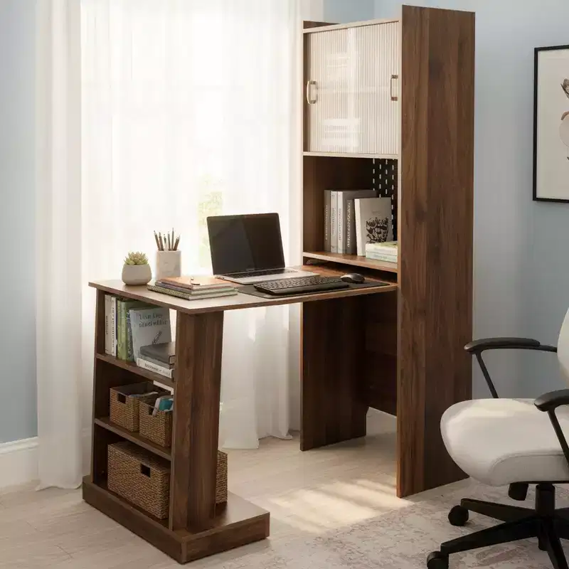 Folding Writing Desk with Storage Cabinet and Open Shelves for Home Office, Walnut