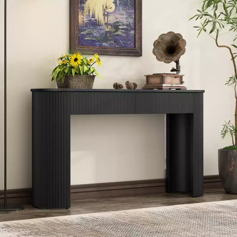 Modern Console Table with Fluted Design, Oval Top & 2 Drawers for Entryway and Living Room
