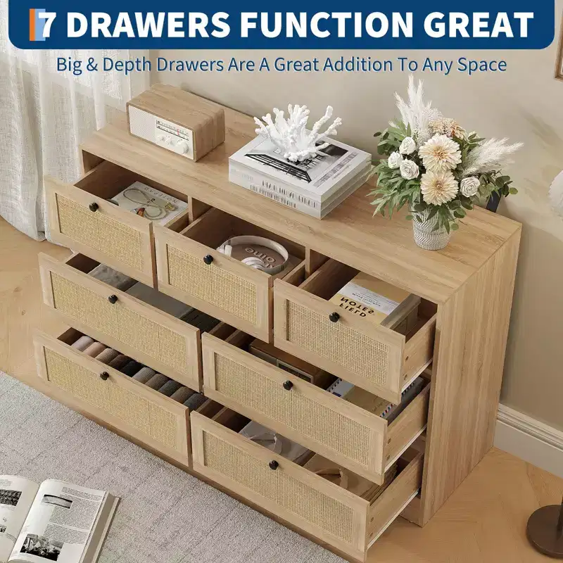 Rattan 7 Drawer Dresser for Bedroom, Farmhouse Modern Dressers & Chests of Drawers, Wooden Storage Organizer for Closet, Living Room, Entryway